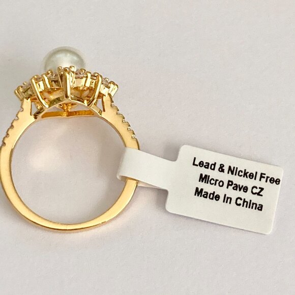 Art Deco Cubic Zirconia White Pearl Cocktail Ring Yellow Gold Plated Size 7 8 9 - Picture 9 of 15